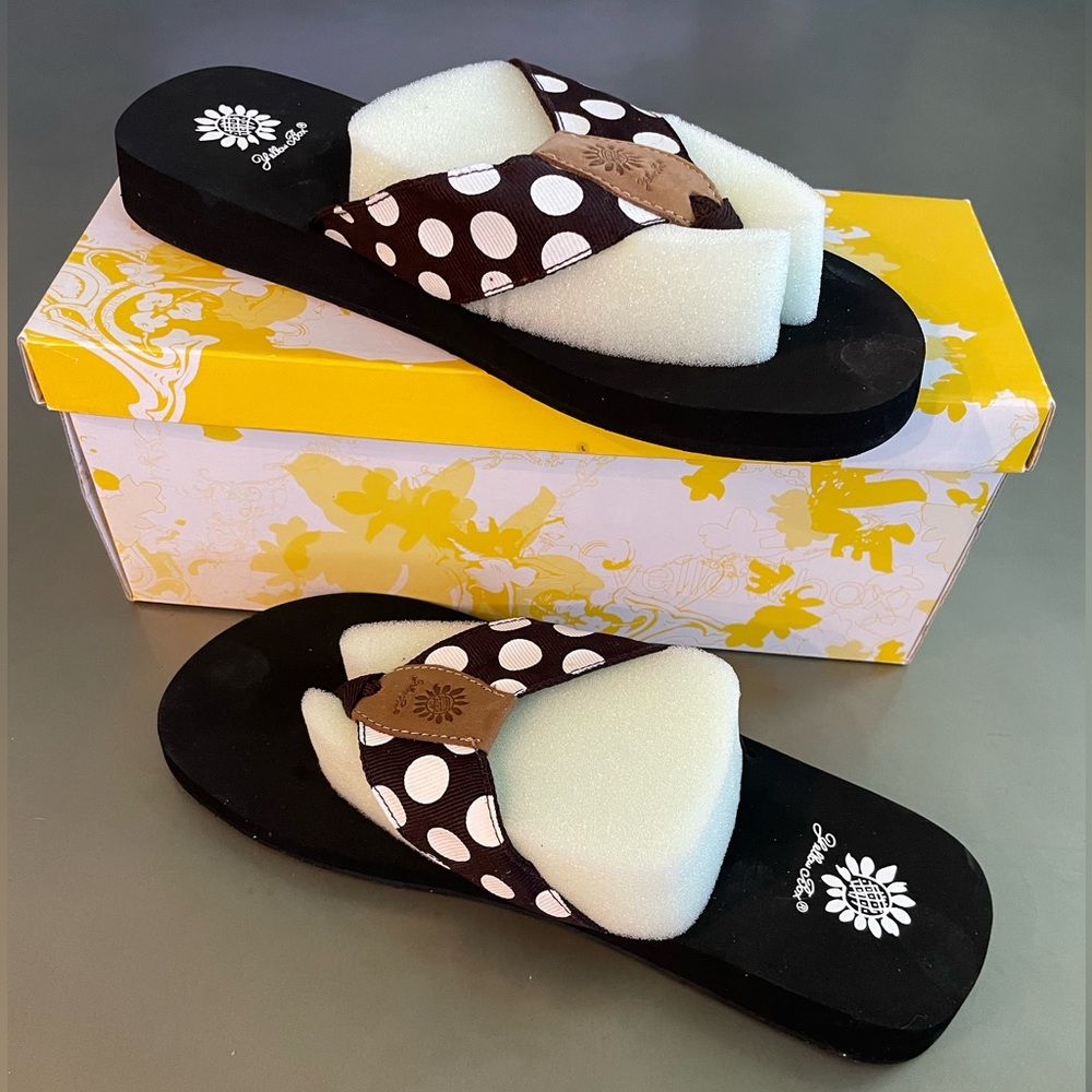 Yellow Box Brown and White Polka Dot Flip Flops